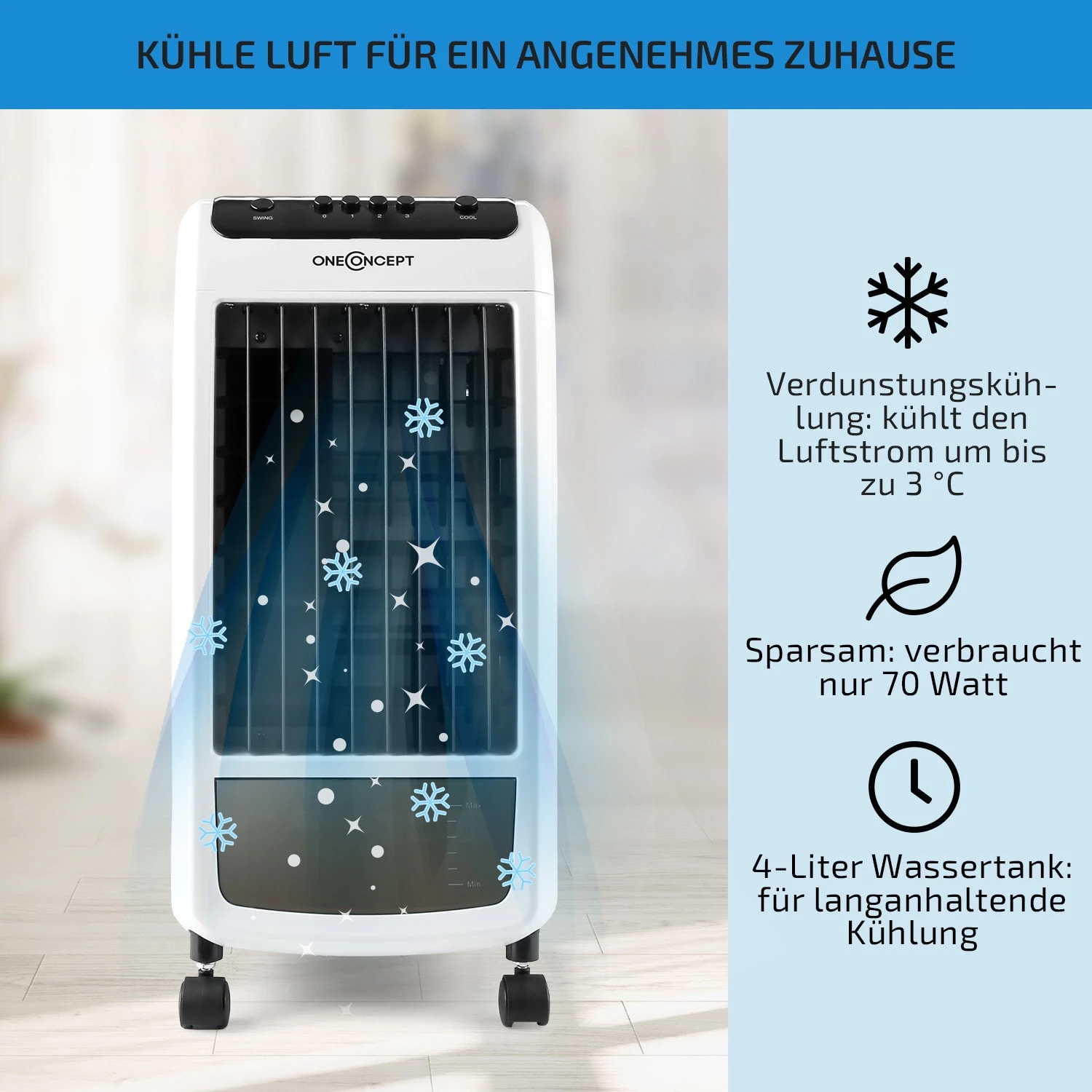 Carribean Blue 3-in-1 Luftkühler 402 M3/h 70 W 4 Ltr Oszillation Mobil 4 Carribean Blue 3-in-1 Luftkühler 402 M3/h 70 W 4 Ltr Oszillation Mobil – Bild 2