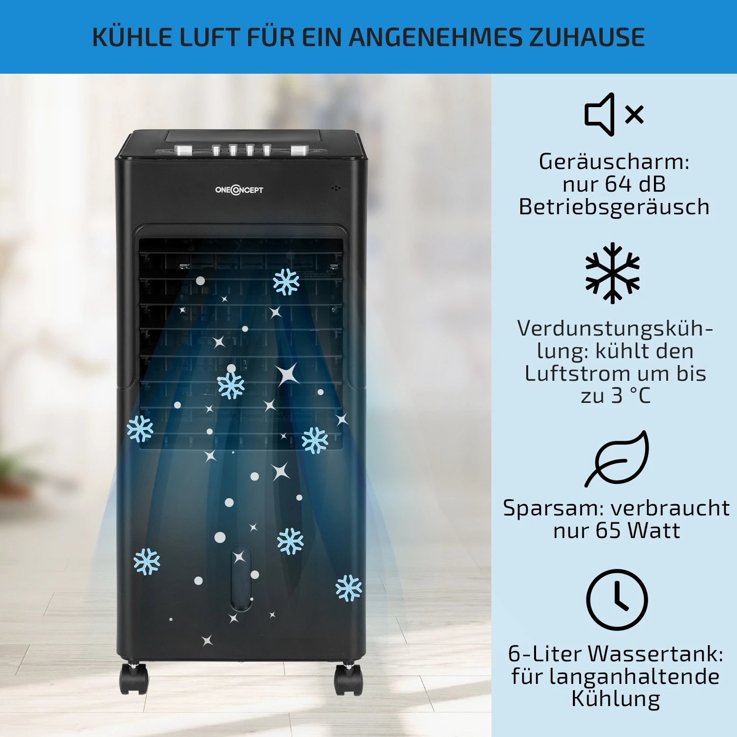 Freshboxx 3-in-1 Luftkühler 65 W 360 M³/h 6 Ltr Oszillation Mobil 4 Freshboxx 3-in-1 Luftkühler 65 W 360 M³/h 6 Ltr Oszillation Mobil – Bild 2