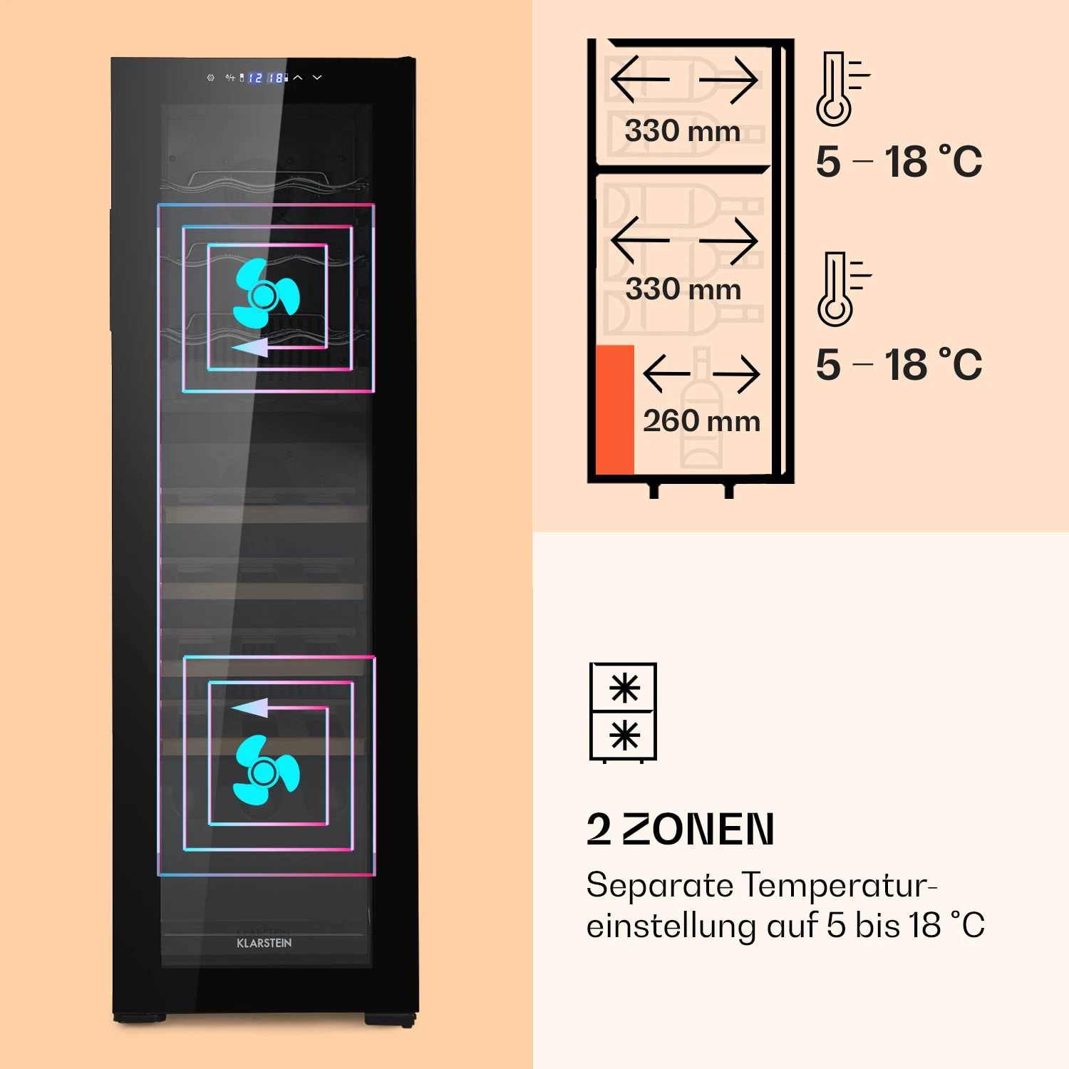 Bovella 27 Duo+ Zweizonen-Weinkühlschrank 74l 27 Fl. Glastür 6 Bovella 27 Duo+ Zweizonen-Weinkühlschrank 74l 27 Fl. Glastür – Bild 4